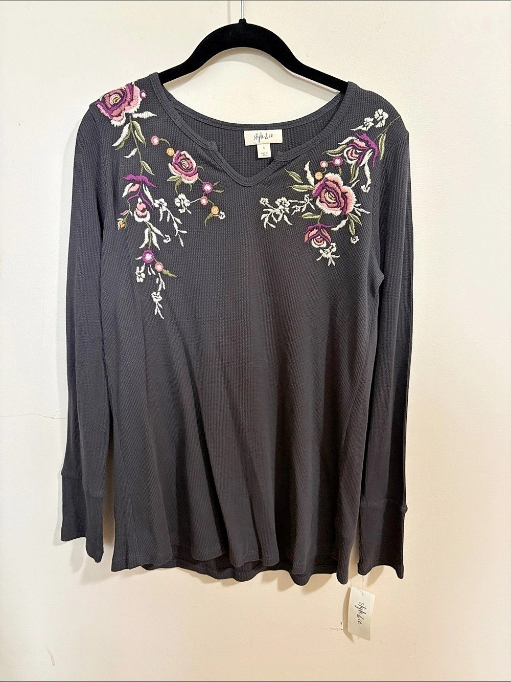 Style & Co Embroidered Floral Long Sleeve Top Gray Small NWT